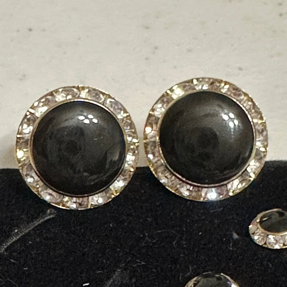 Black Cabochon Rhinestone Halo Cufflinks & Shirt Studs Set Gold Tone Vintage